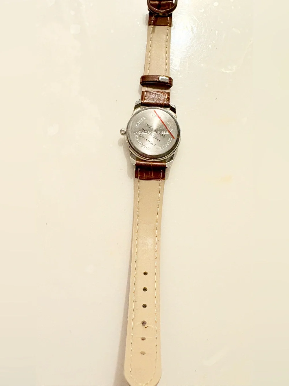 Men's Silver Case Watch with White Dial and Brown Leather Strap
